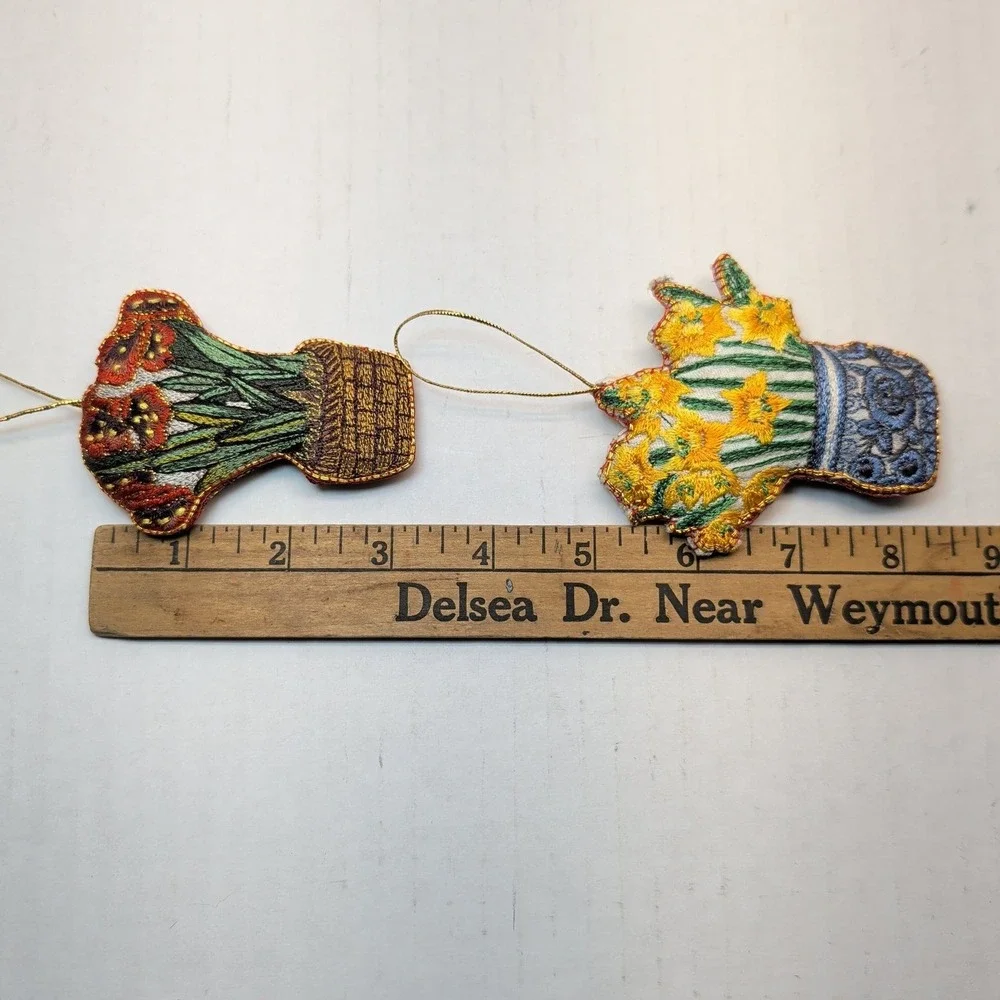 Set of 4 Embroidered Floral Ornaments Sunflower Daffodil Botanical Garden Decor